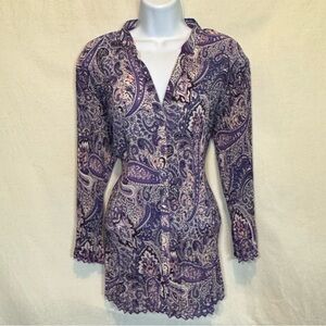G-119 Belissimo Purple & White Paisley 1/2 Sleeve Button Down Blouse Size L‎